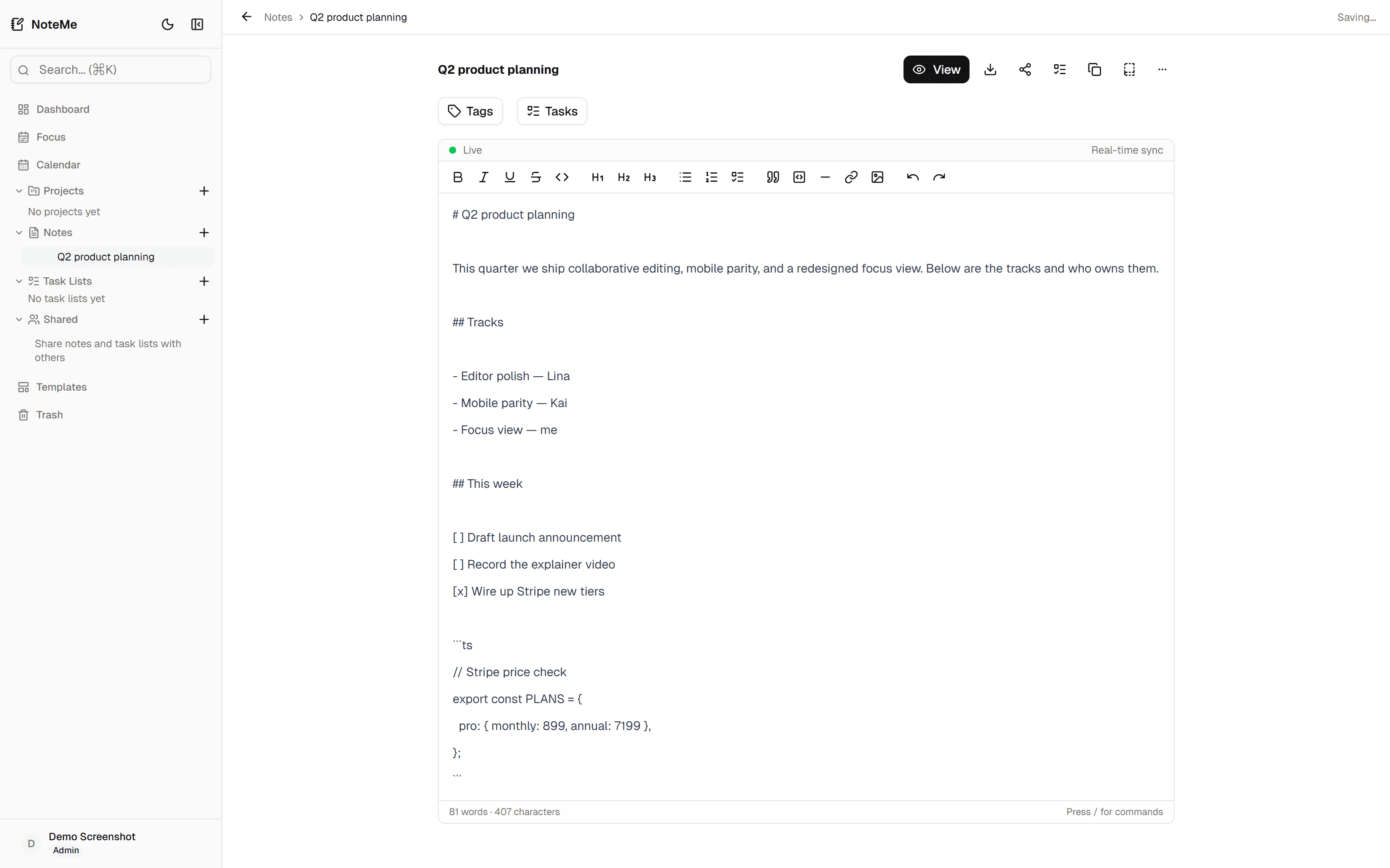 NoteMee (dev) — editor with nested notes and a task list
